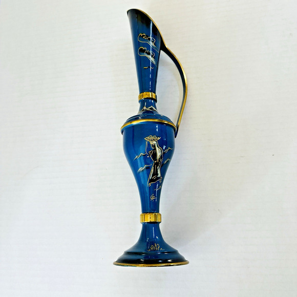 Brass Ewer Pitcher Vase Blue Enamel Gold Trim Hand Painted Person Mountains 13" - Picture 1 of 12